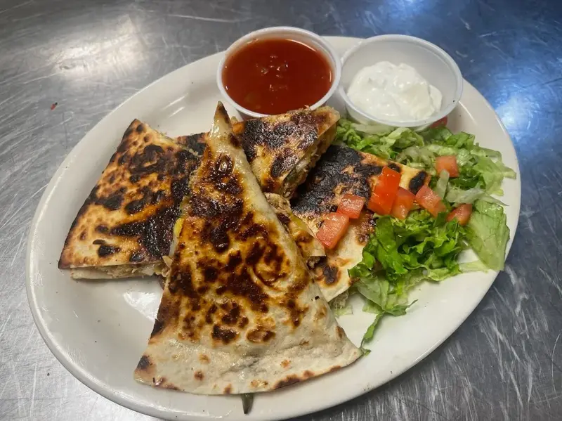 Grilled quesadilla wedges with salsa, sour cream and a side salad